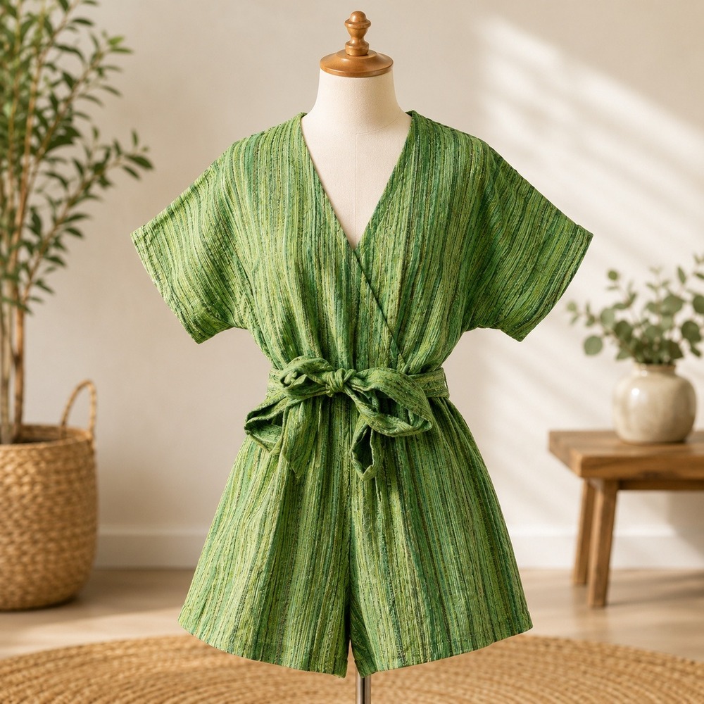 NWT Cupshe Romper Womens Small Green Chevron Stripe Wrap V-Neck‎ Tie Waist Boho